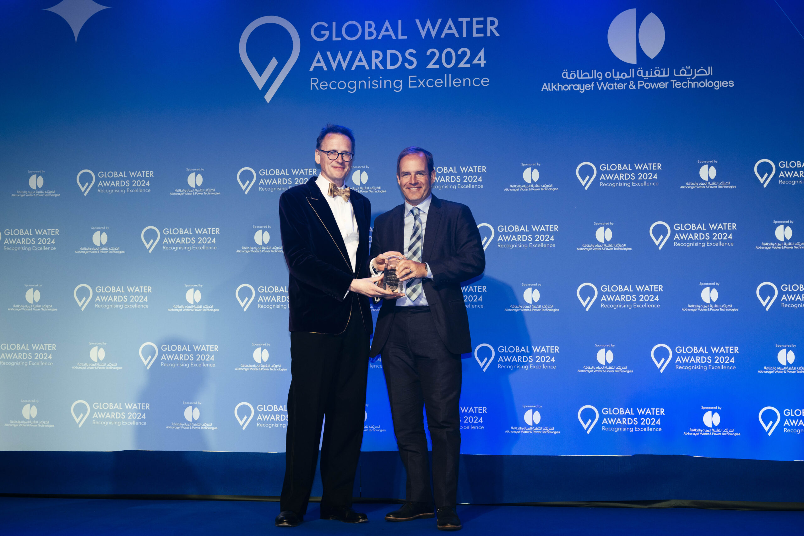 Aqua Membranes CEO, Craig Beckman and Chief Technology Officer CJ Kurth accept Global Water Summit's Breakthrough Technology of the Year Award 